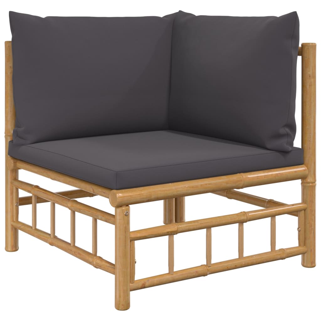 Set de muebles de jardín 4 piezas bambú con cojines gris oscuro