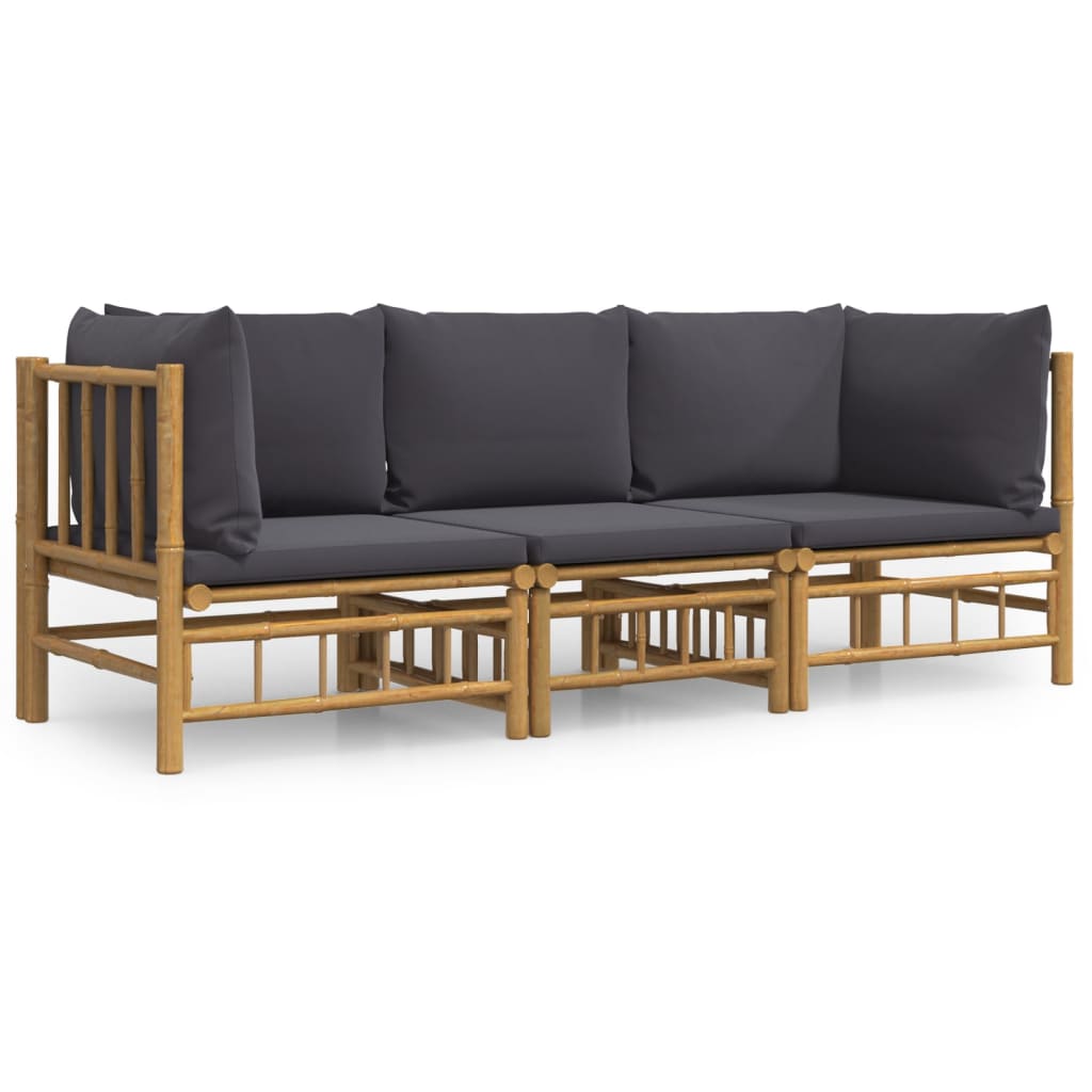 Set de muebles de jardín 3 piezas bambú con cojines gris oscuro