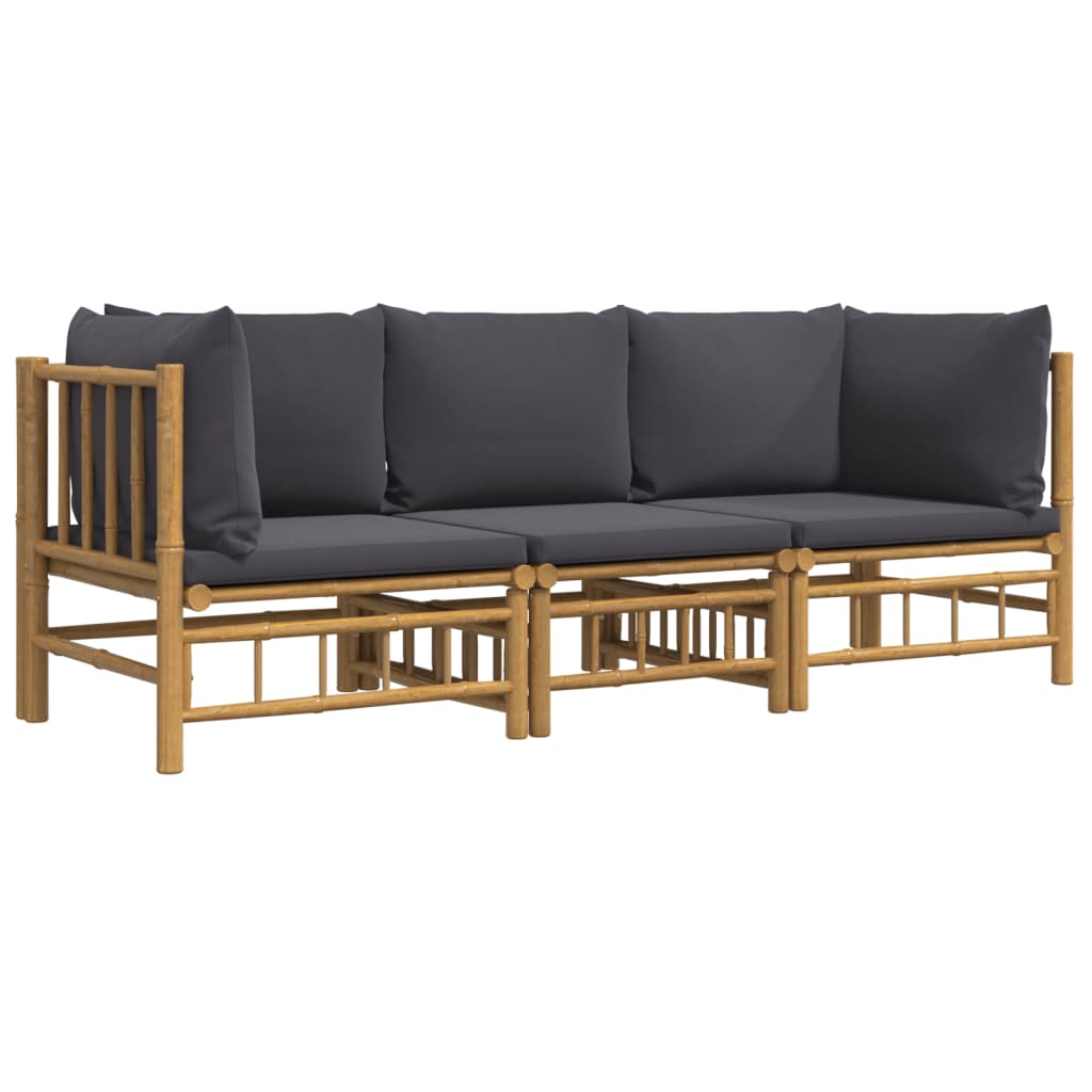 Set de muebles de jardín 3 piezas bambú con cojines gris oscuro