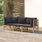Conjunto de mobiliário de jardim 3 peças bambu com almofadas cinzento escuro