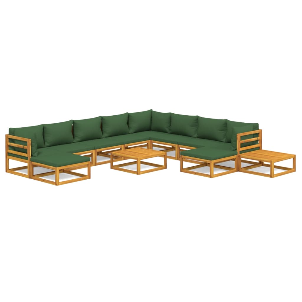 Juego muebles de jardín 12 pzas madera maciza y cojines verdes