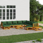 Juego muebles de jardín 12 pzas madera maciza y cojines verdes