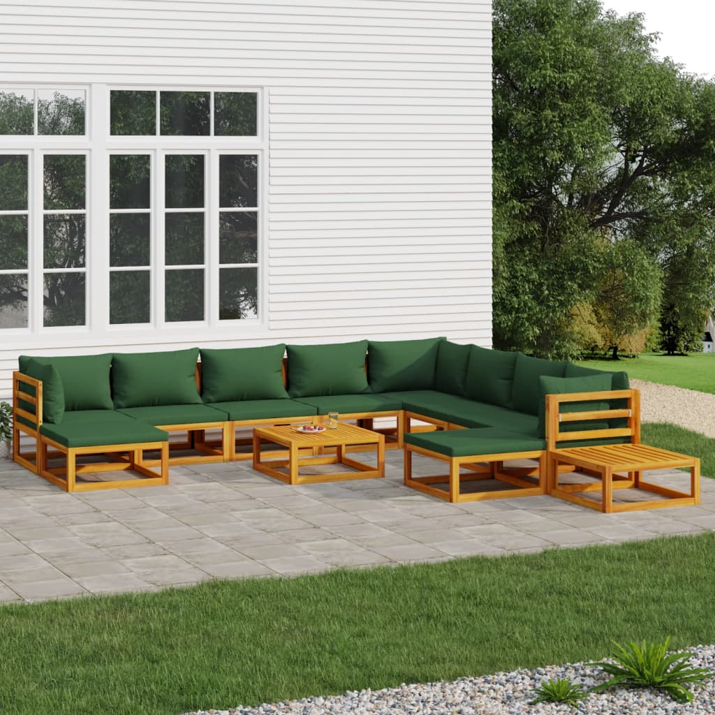 Juego muebles de jardín 12 pzas madera maciza y cojines verdes