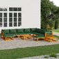 Juego muebles de jardín 12 pzas madera maciza y cojines verdes