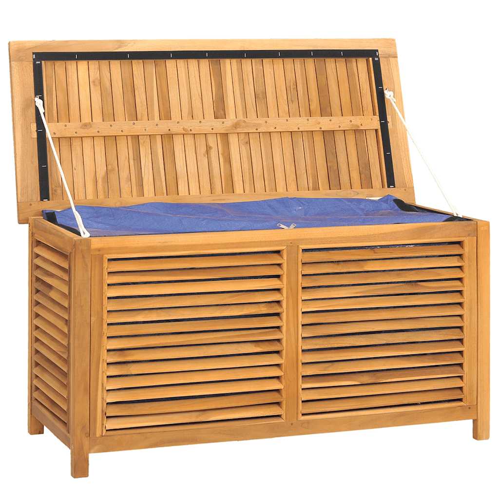 Baú de arrumação de jardim com bolsa, madeira de teca maciça, 114x50x58 cm