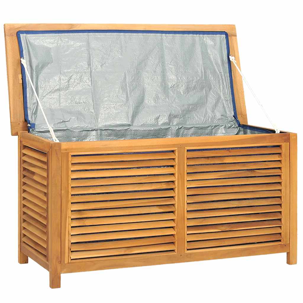 Baú de arrumação de jardim com bolsa, madeira de teca maciça, 114x50x58 cm
