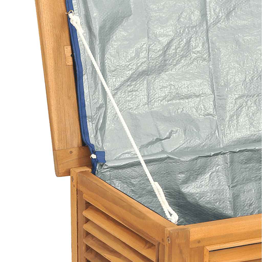 Baú de arrumação de jardim com bolsa, madeira de teca maciça, 114x50x58 cm
