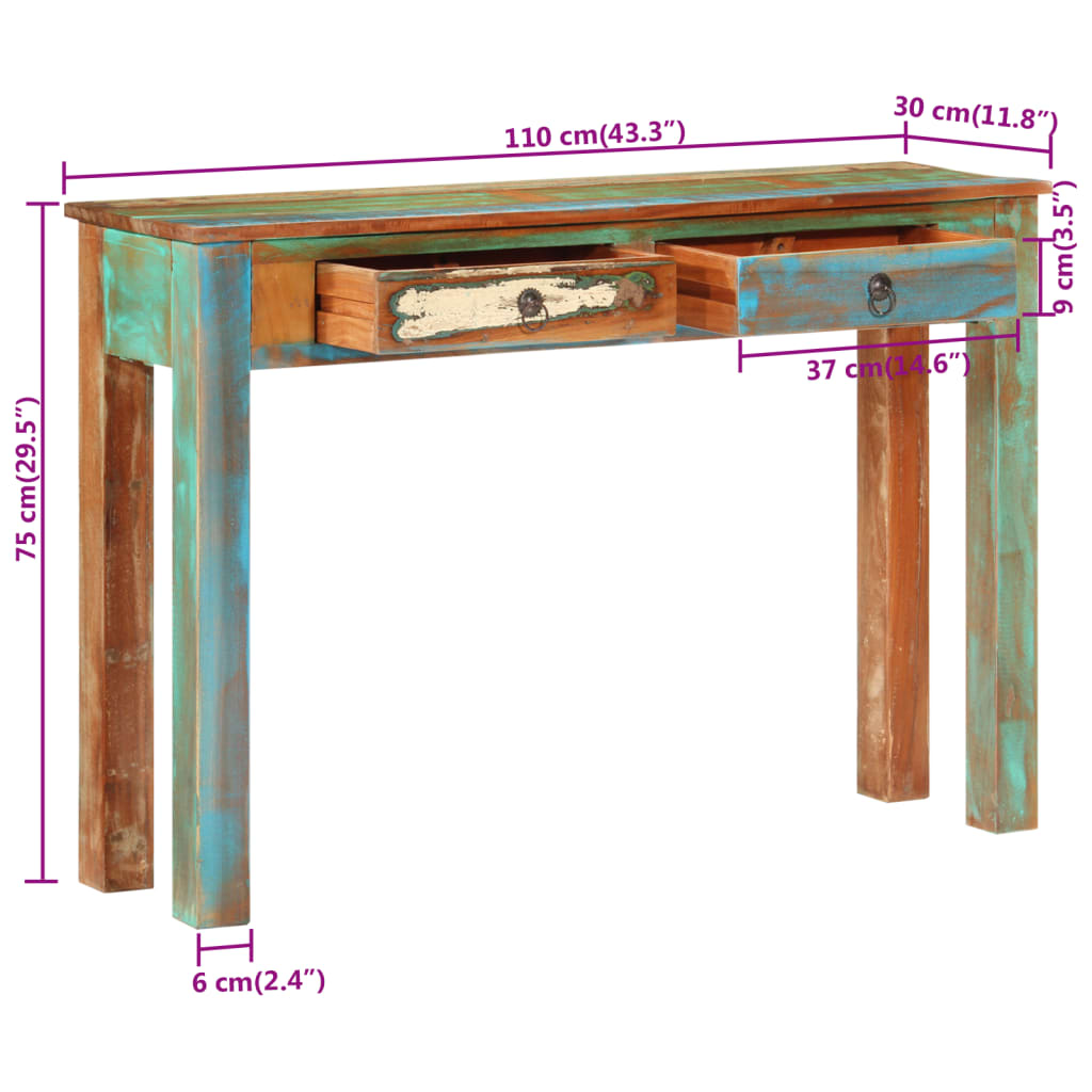 Mesa consola madera maciza reciclada 110x30x75 cm