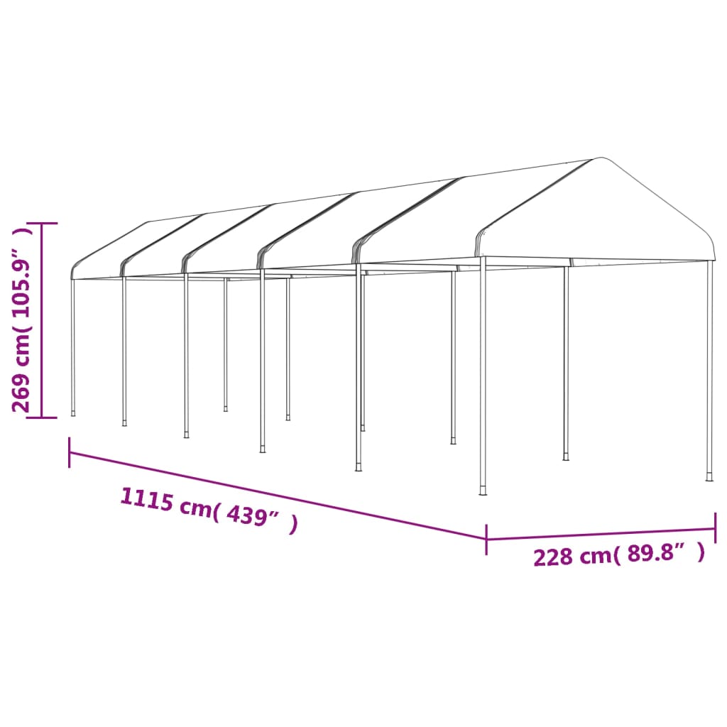 Cenador con techo polietileno blanco 11,15x2,28x2,69 m