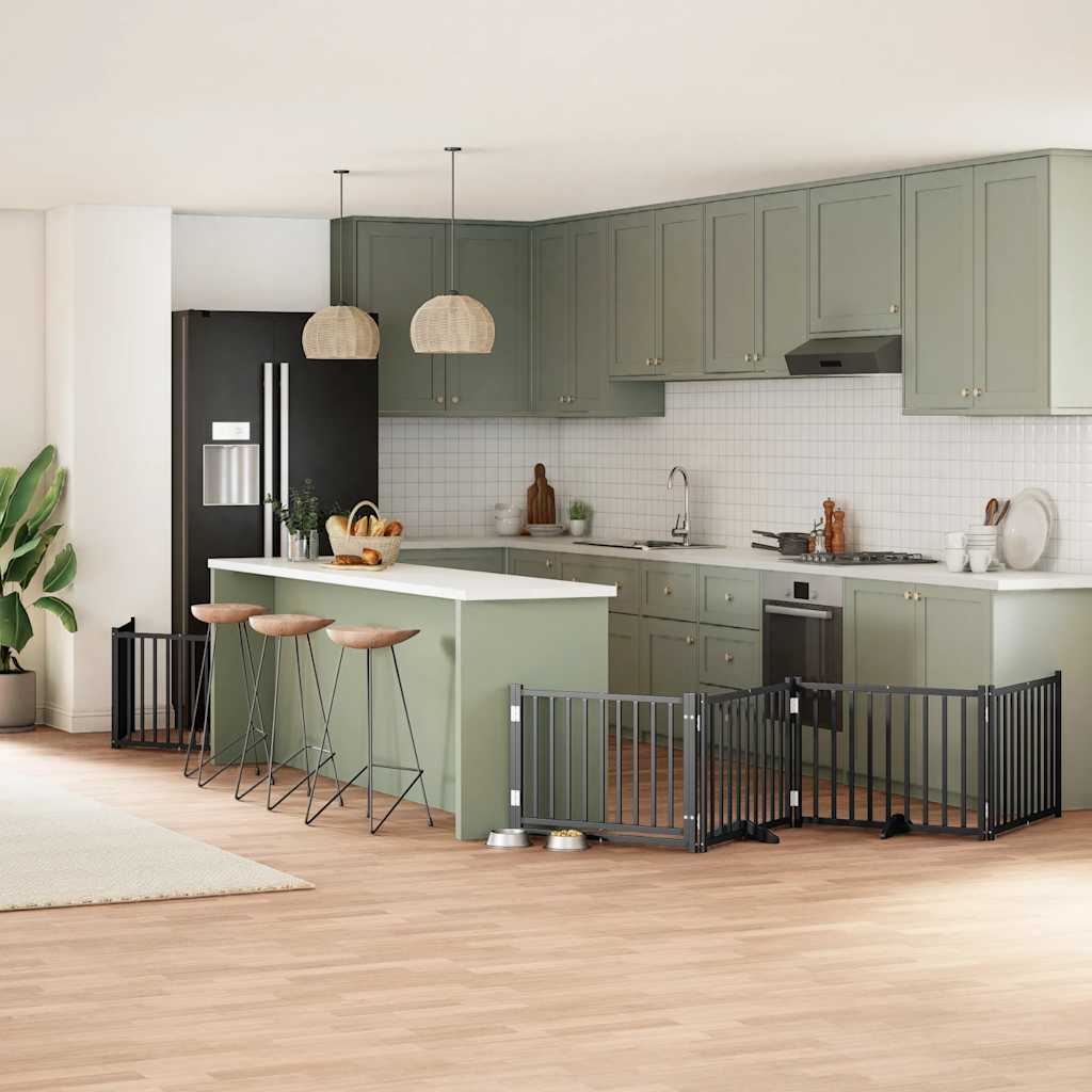 Puerta de perros plegable 8 paneles madera álamo negra 640 cm