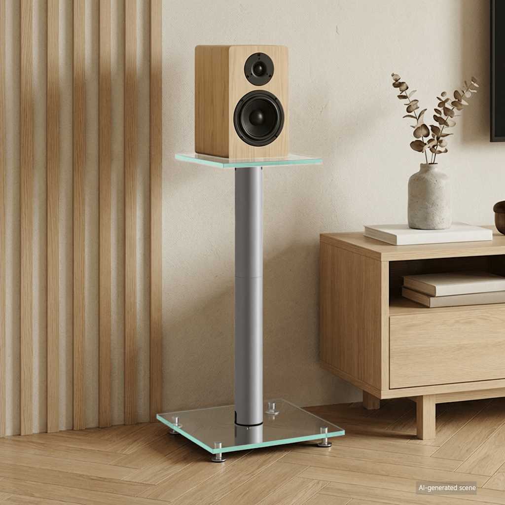 Soportes altavoces 2 ud vidrio templado negro y plata 3 pilares