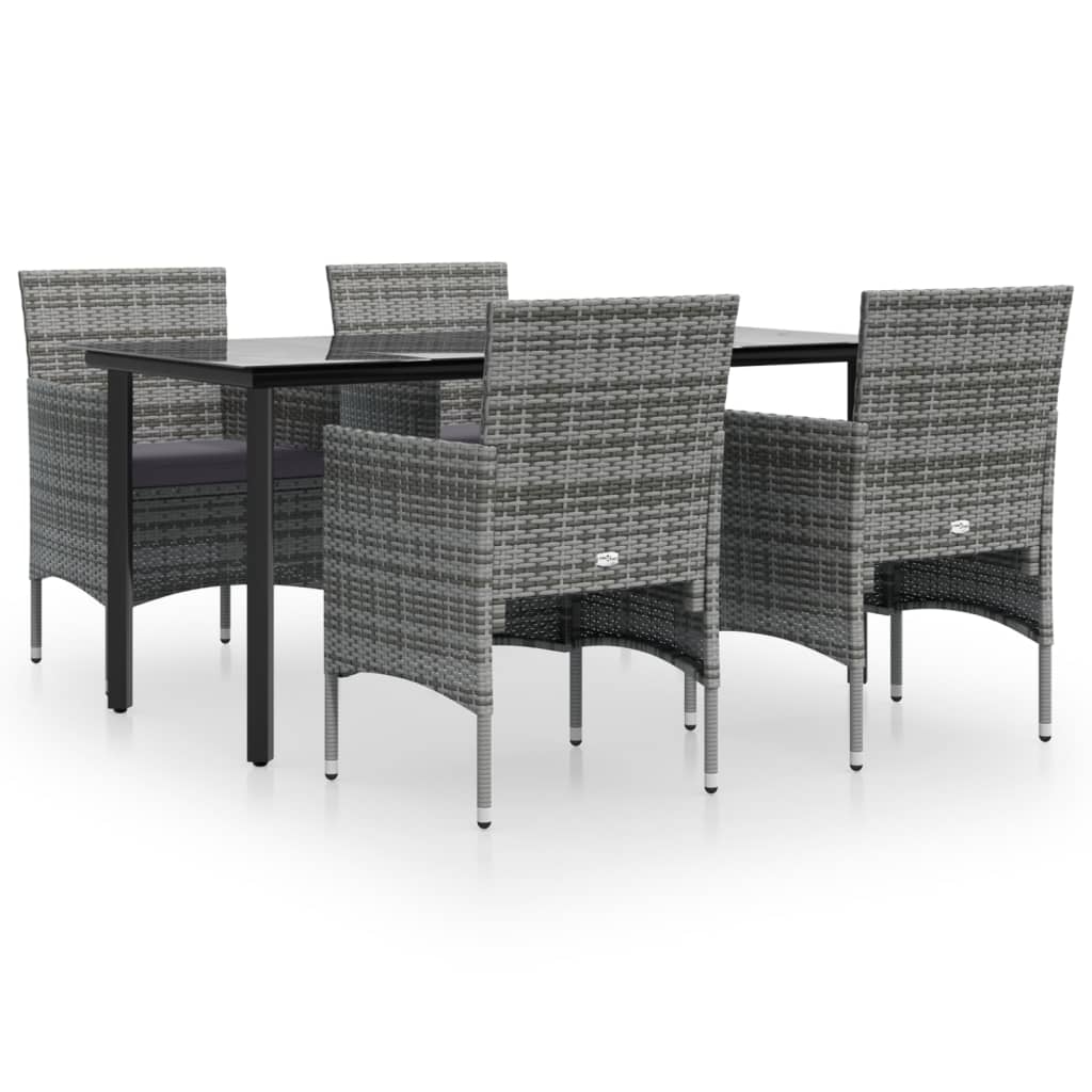 Juego de comedor para jardín 5 piezas con cojines gris y negro