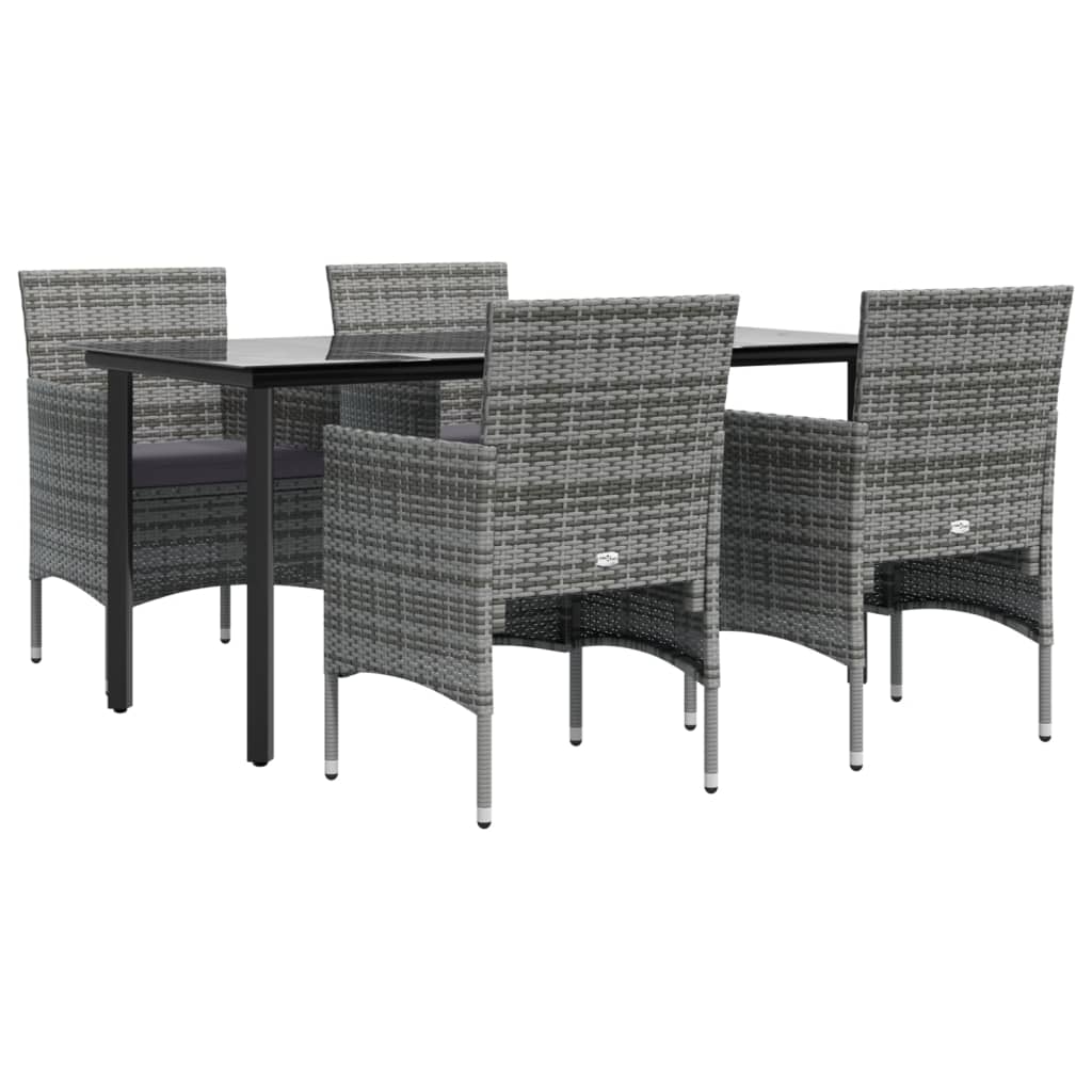 Juego de comedor para jardín 5 piezas con cojines gris y negro