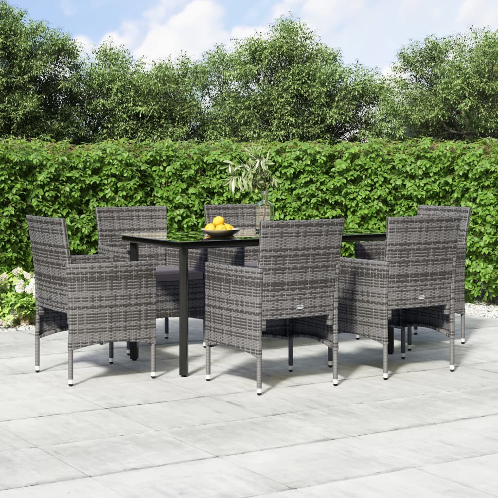 Juego de comedor de jardín 7 piezas con cojines gris y negro