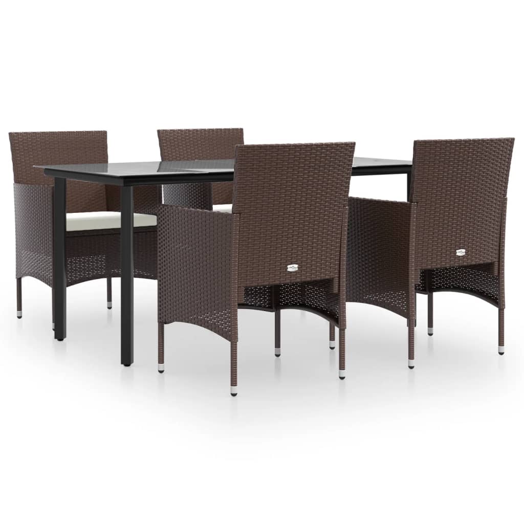 Juego de comedor de jardín 5 piezas con cojines marrón y negro