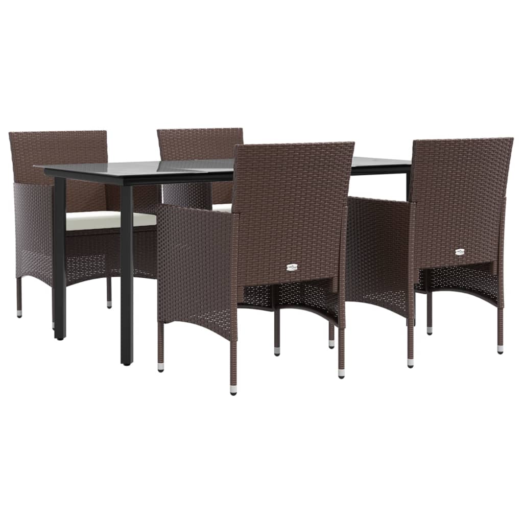 Juego de comedor de jardín 5 piezas con cojines marrón y negro