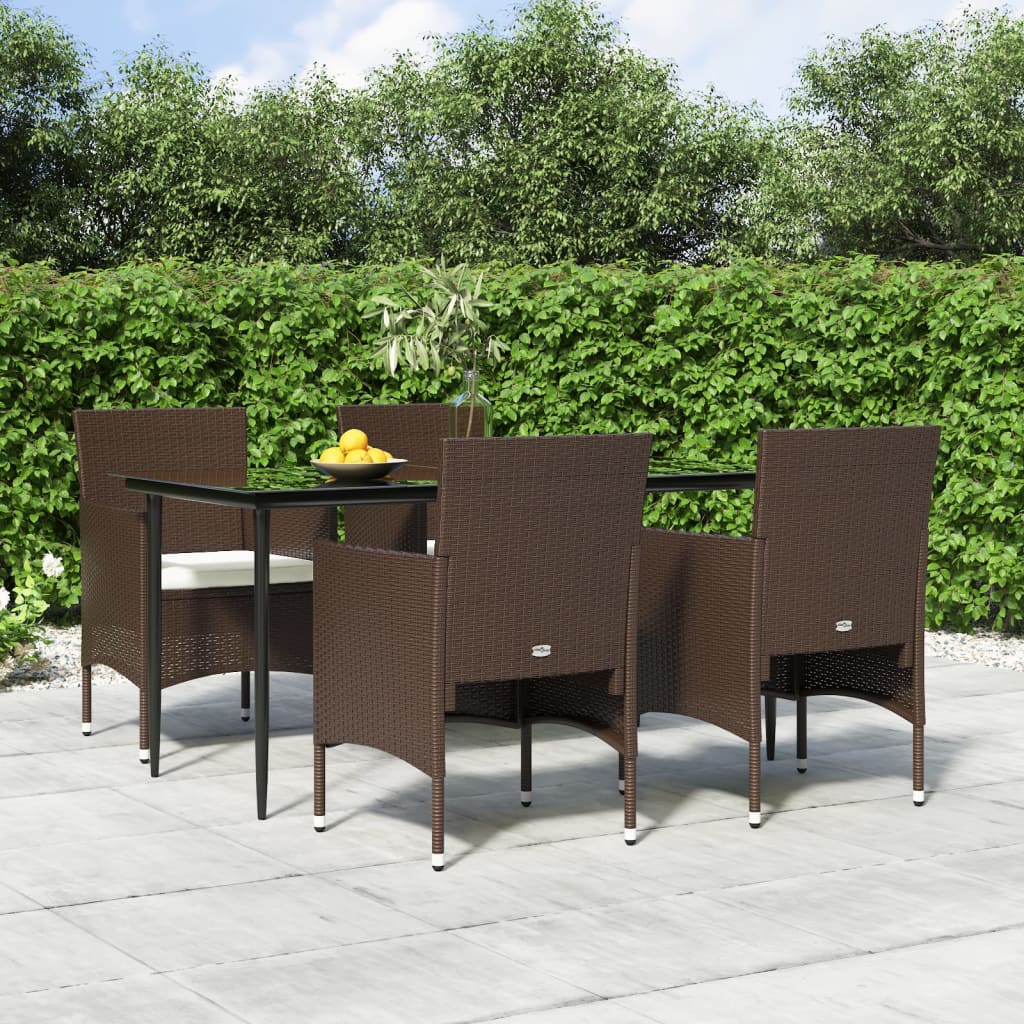 Conjunto de jantar de jardim de 5 peças com almofadas castanhas e pretas
