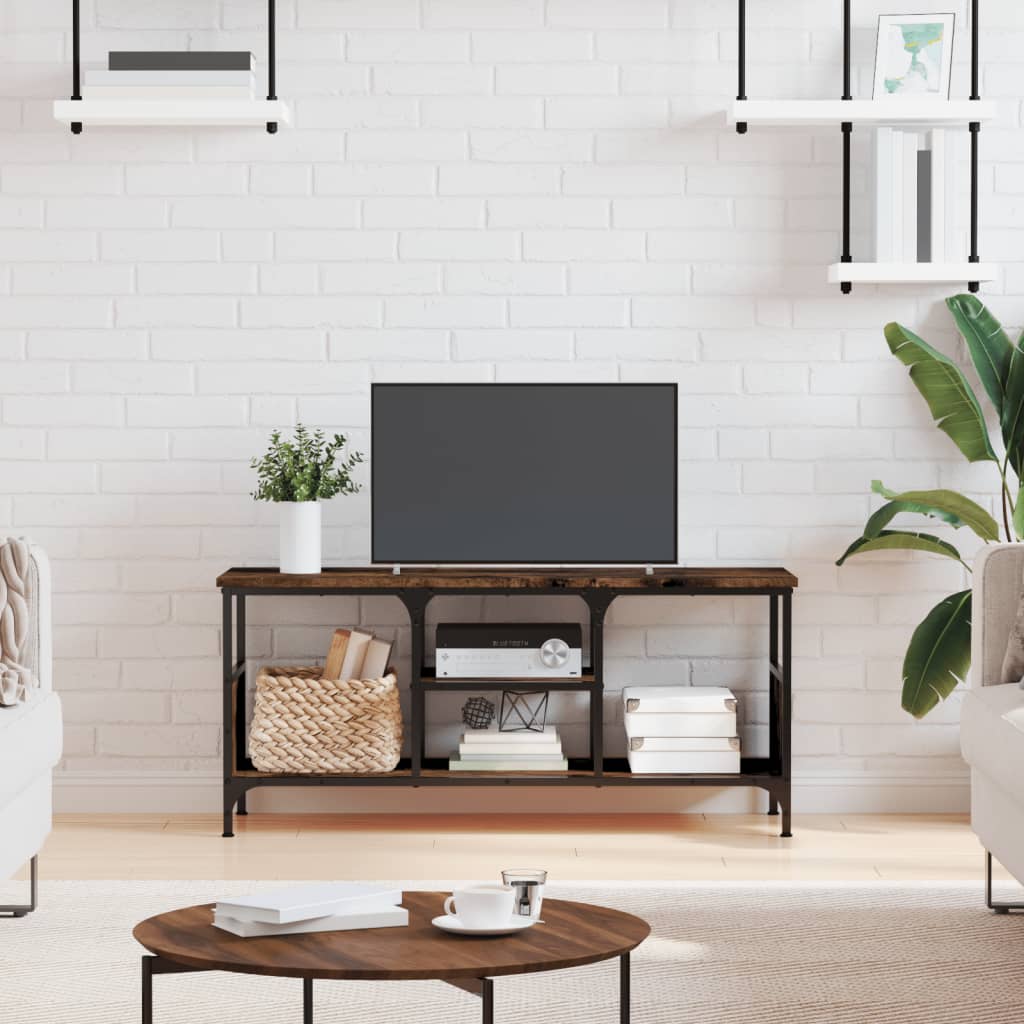 Mueble de TV hierro y madera contrachapada negro 121x35x45 cm
