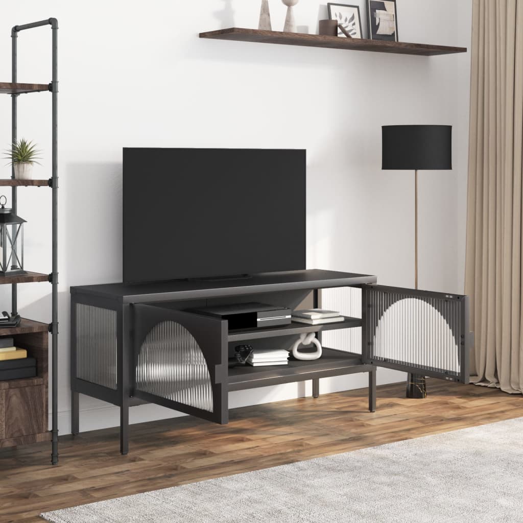 Mueble de TV vidrio y acero negro 105x35x50 cm