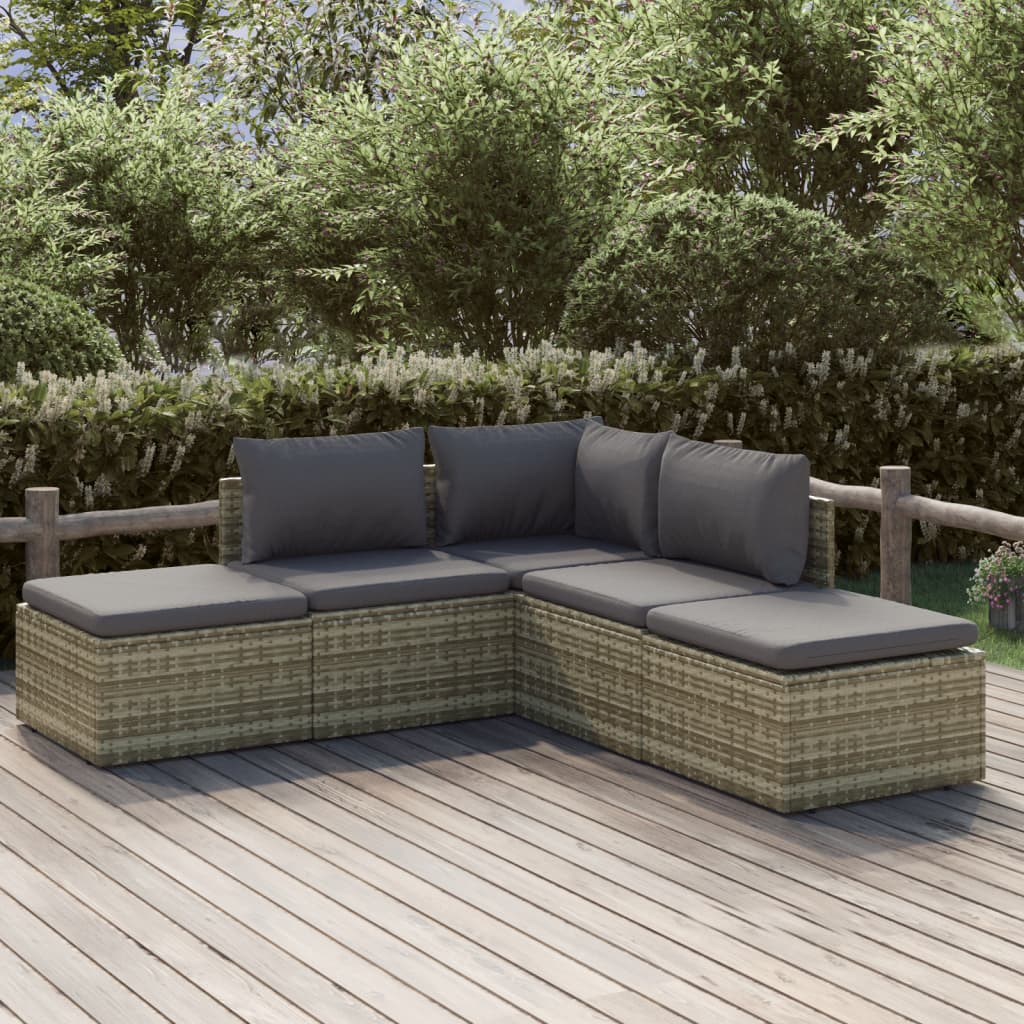 Conjunto de móveis de jardim de 4 peças com almofadas em vime sintético cinzento