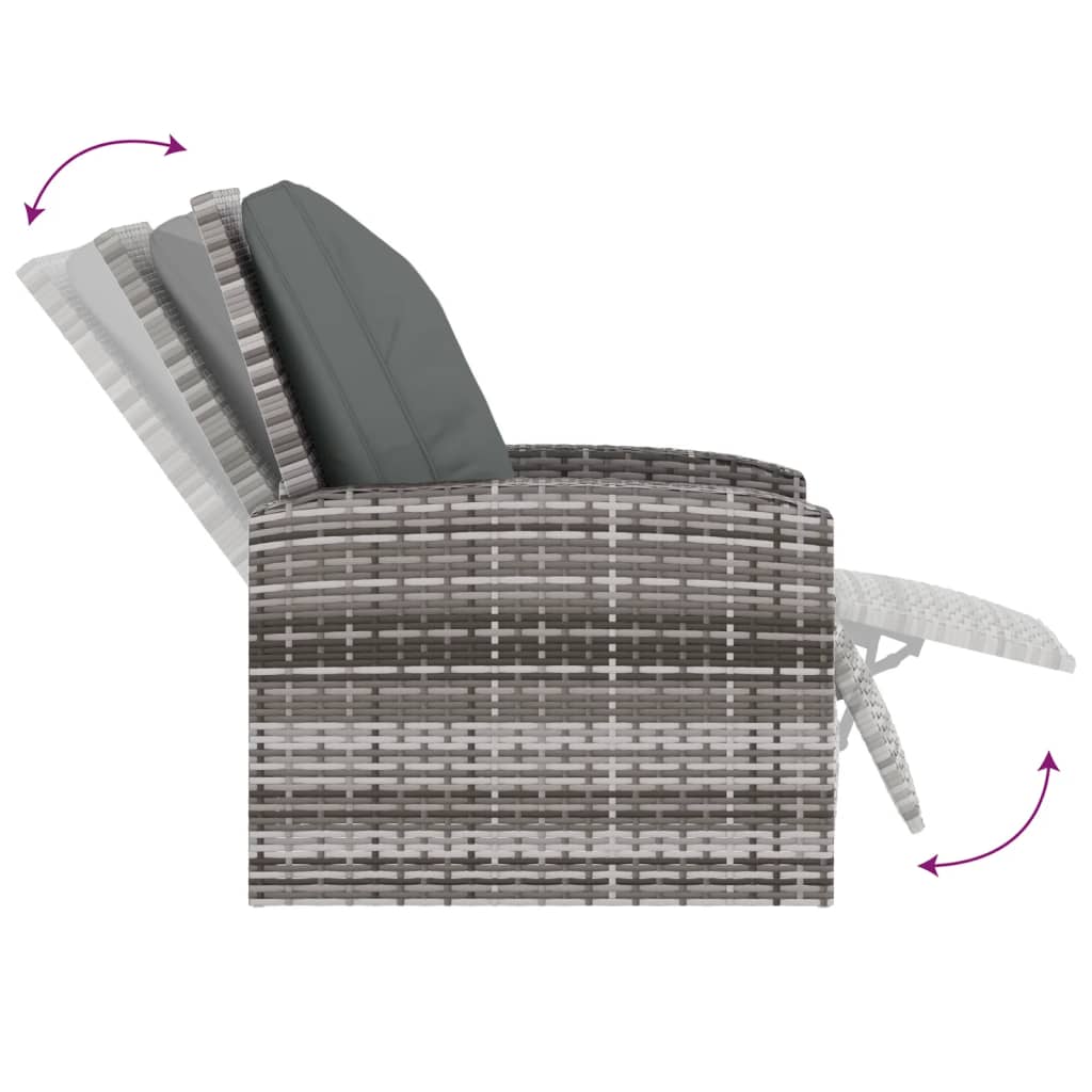 Sillón reclinable de jardín con cojines ratán sintético gris