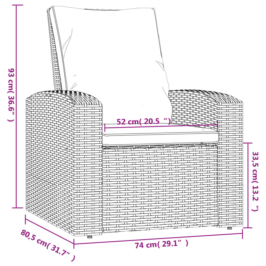 Sillón reclinable de jardín con cojines ratán sintético gris
