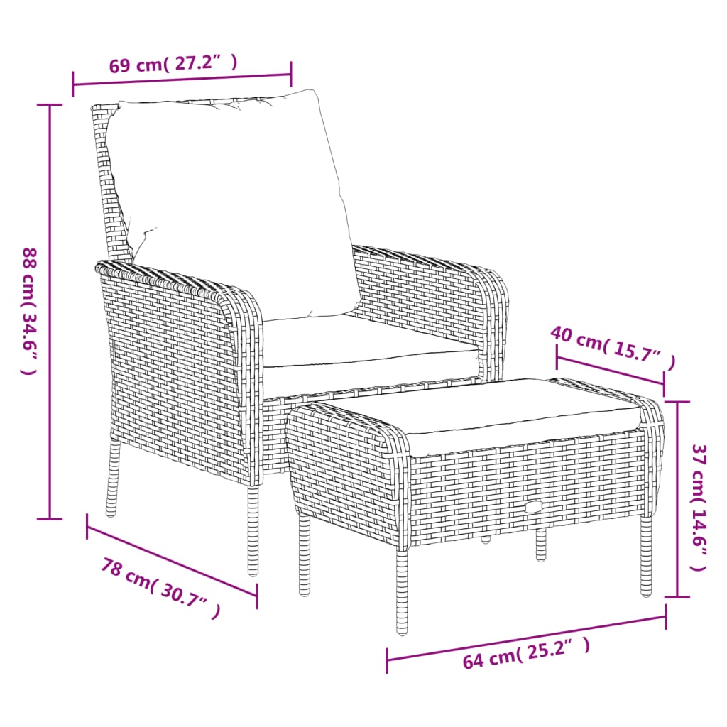 Sillón de jardín con reposapiés ratán sintético gris