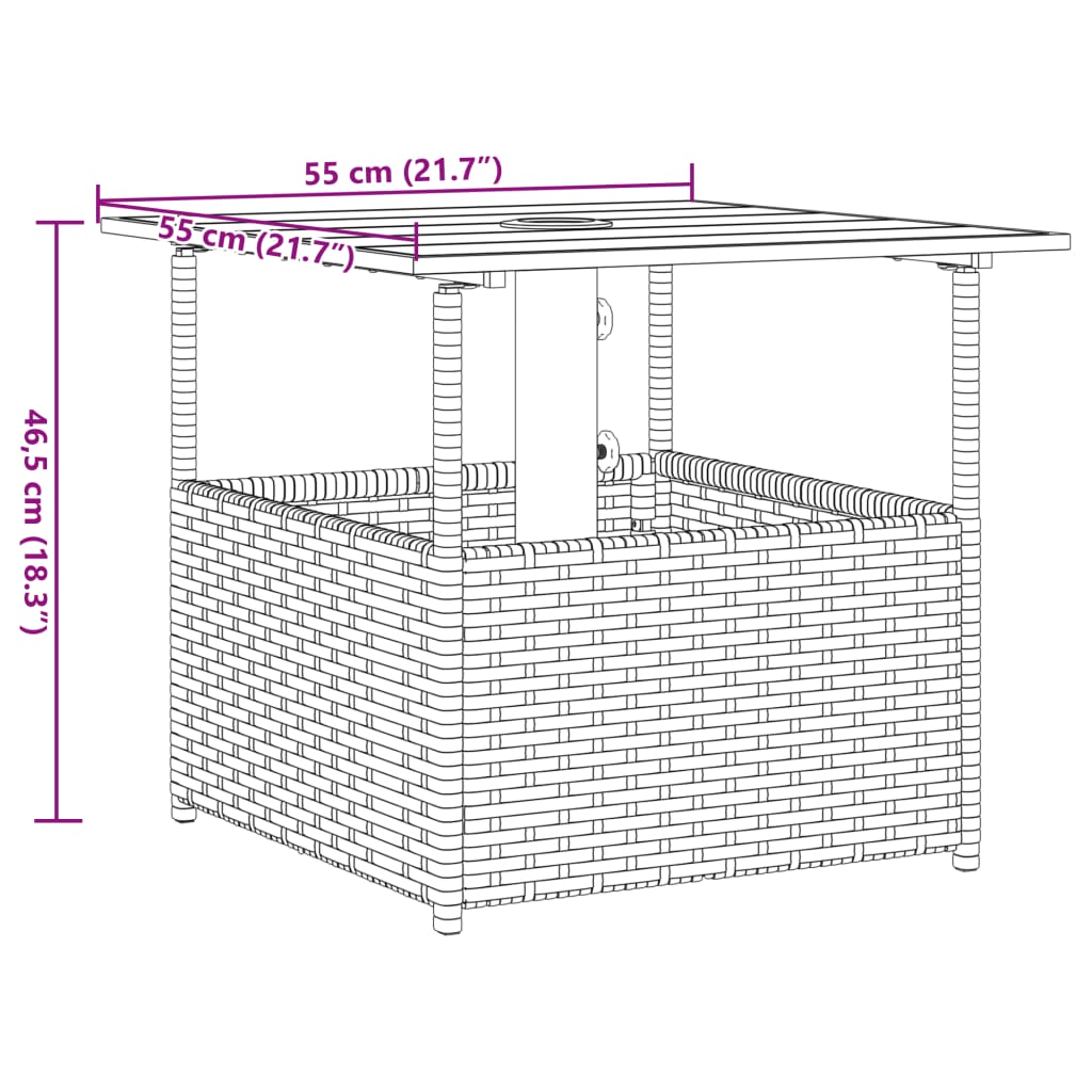 Mesa de jardín agujero de sombrilla ratán negro 55x55x46,5 cm