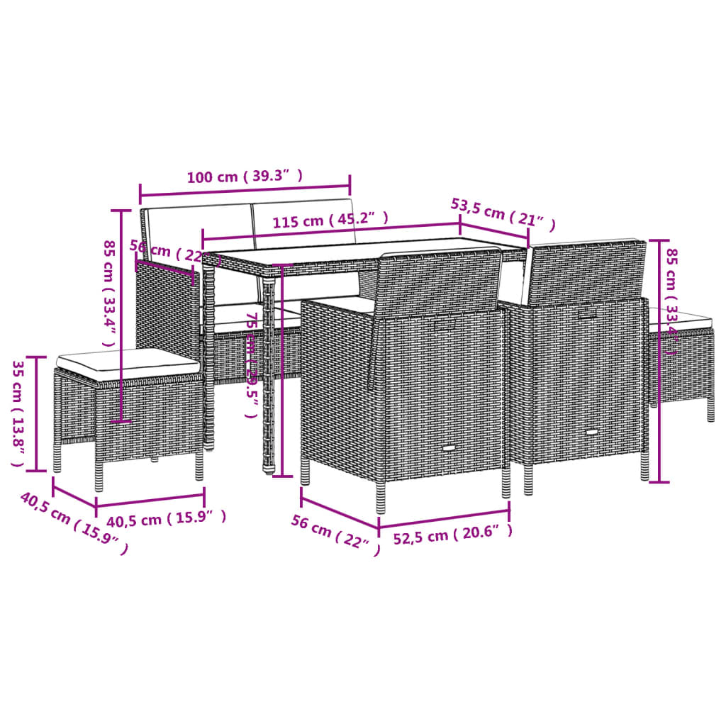 Set muebles de jardín 6 piezas y cojines ratán sintético marrón