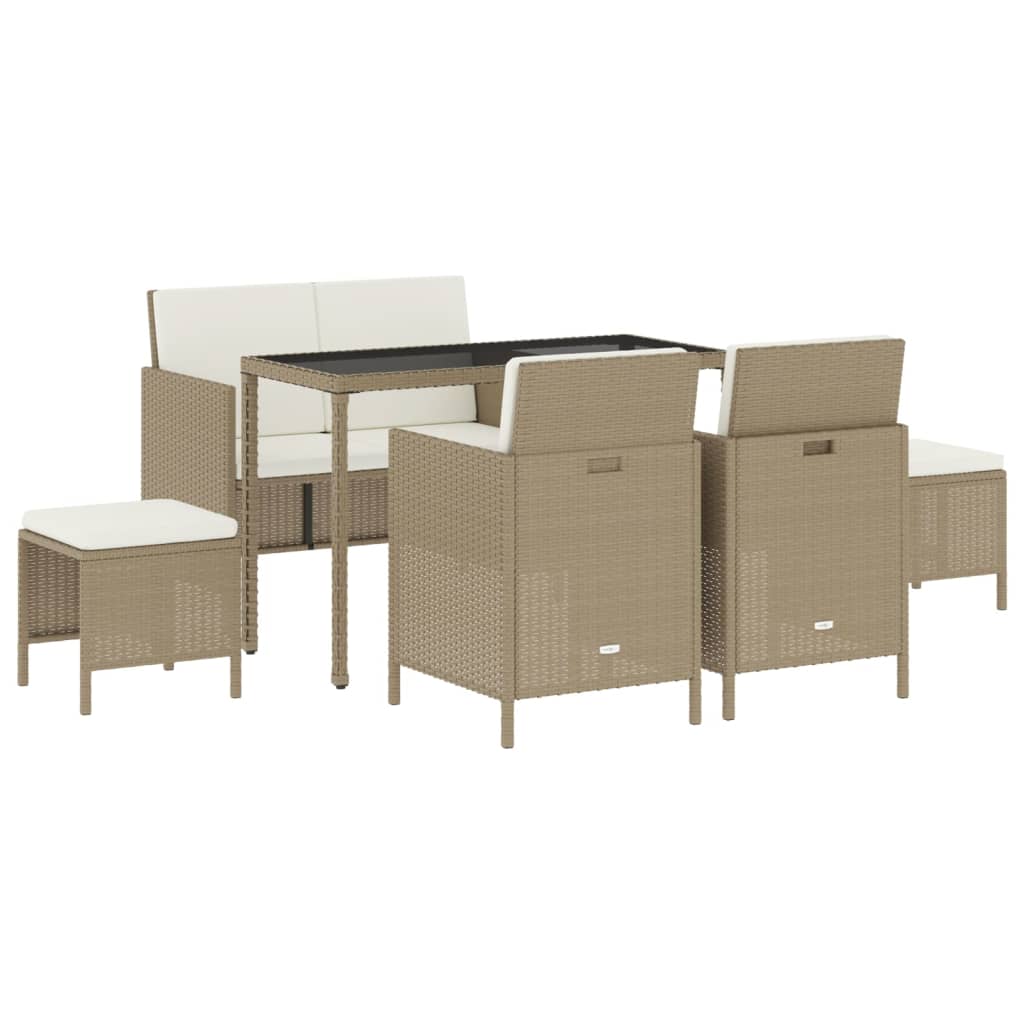 Set comedor de jardín 6 pzas con cojines ratán sintético beige