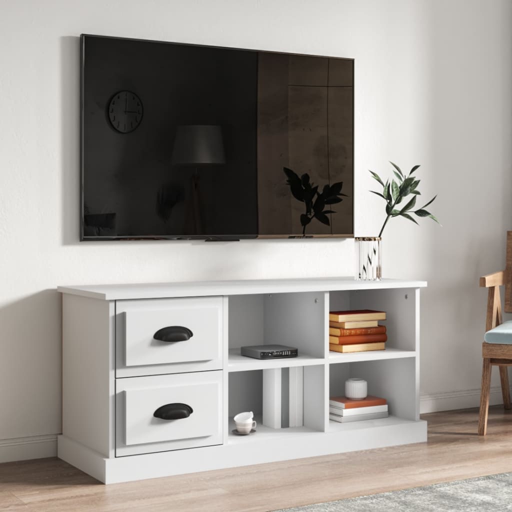 Mueble de TV madera contrachapada blanco brillo 100x35x50 cm