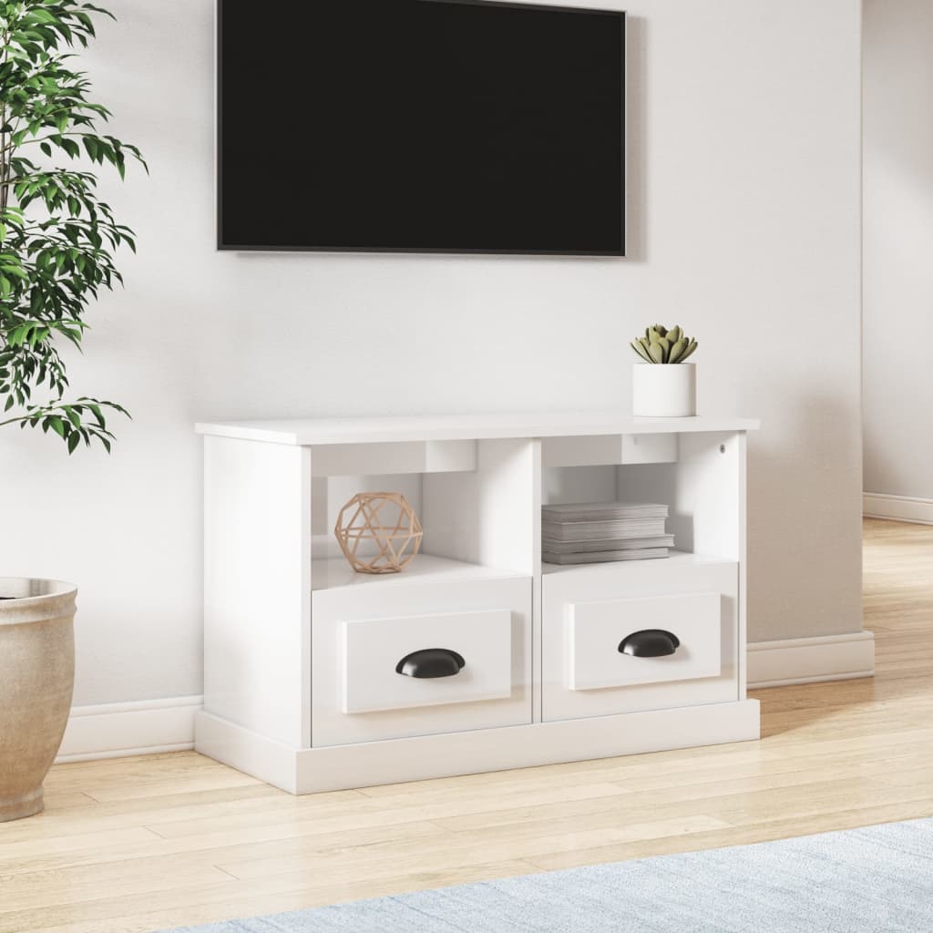 Mueble de TV madera contrachapada blanco brillo 100x35x50 cm