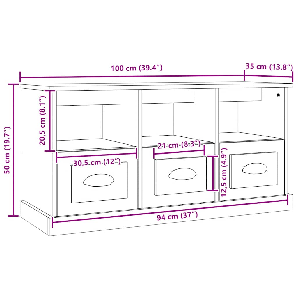 Mueble de TV madera contrachapada blanco brillo 100x35x50 cm
