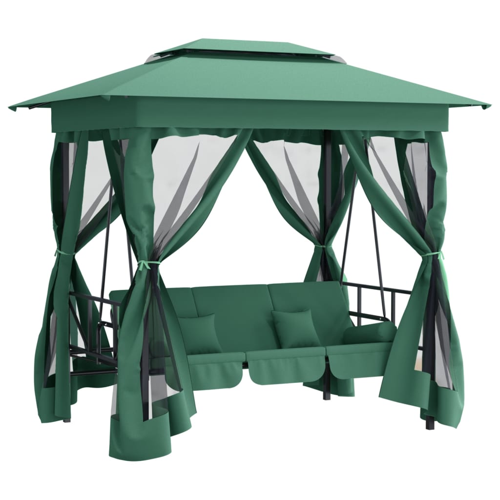 Cenador de jardín banco columpio convertible acero y tela verde