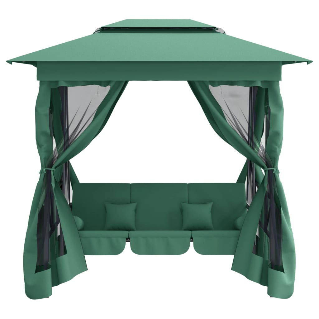 Cenador de jardín banco columpio convertible acero y tela verde
