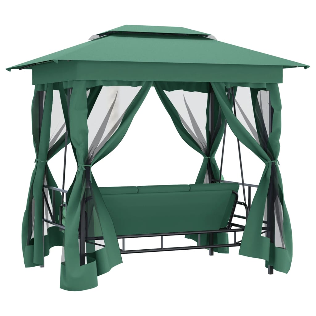 Cenador de jardín banco columpio convertible acero y tela verde