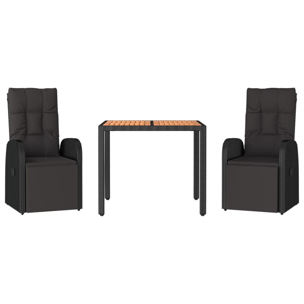 Juego comedor jardín 3 pzas madera acacia ratán sintético negro