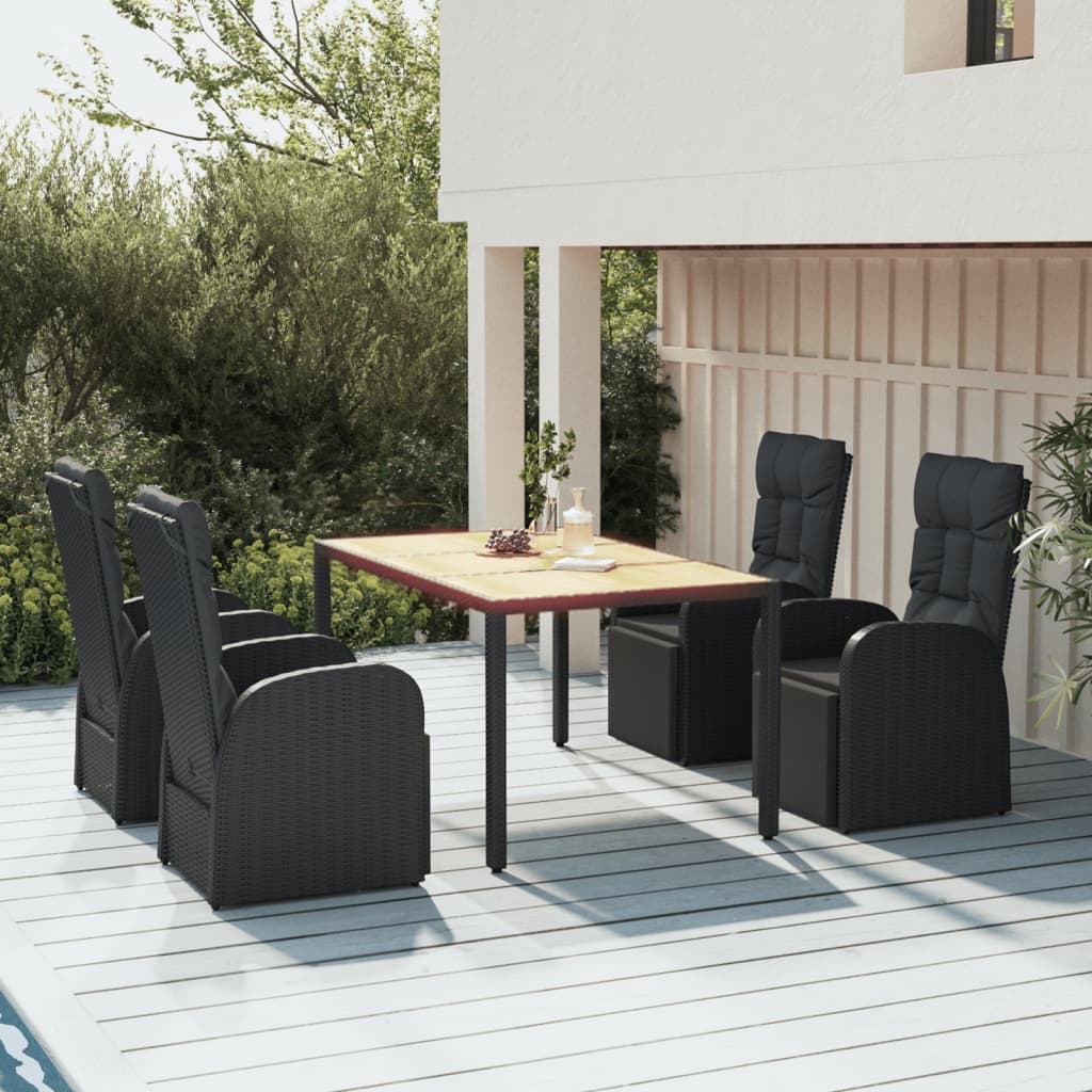 Conjunto de refeição de jardim 3 peças madeira acácia vime sintético preto