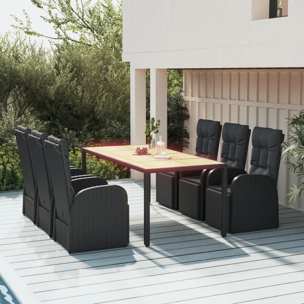 Conjunto de refeição de jardim 3 peças madeira acácia vime sintético preto