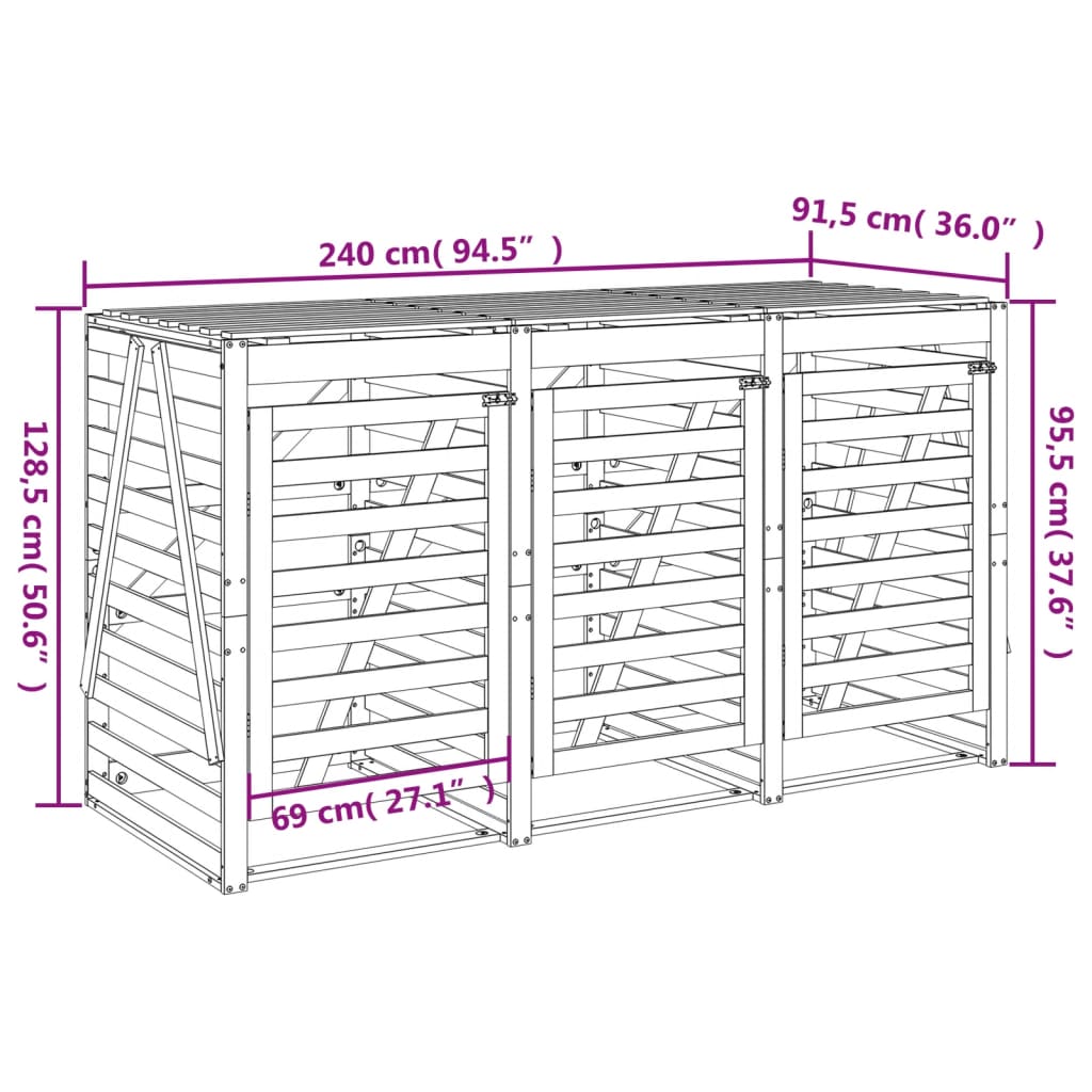 Cobertizo triple para cubos de basura madera maciza de pino
