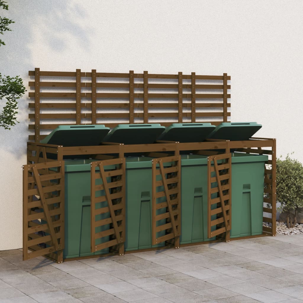 Quadruple wheelie bin shed, honey brown pine wood