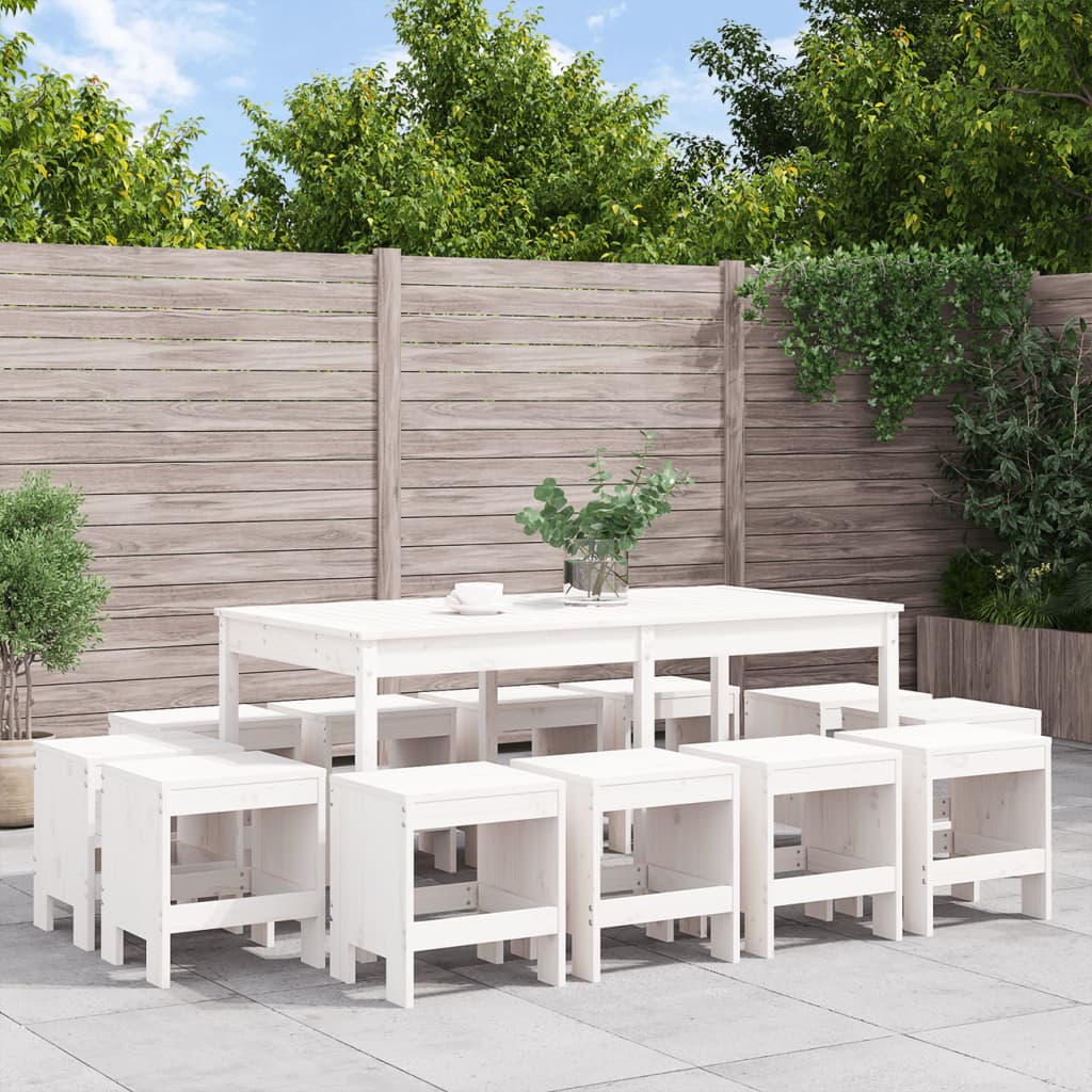 Conjunto de refeição de jardim 13 peças madeira maciça pinho branco
