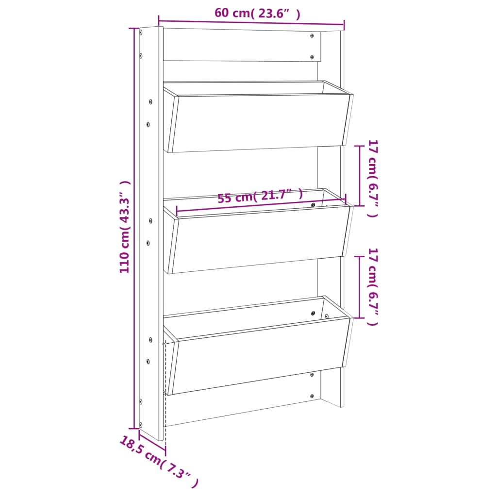 Jardinera de pared 3 niveles madera maciza pino 60x18,5x110 cm