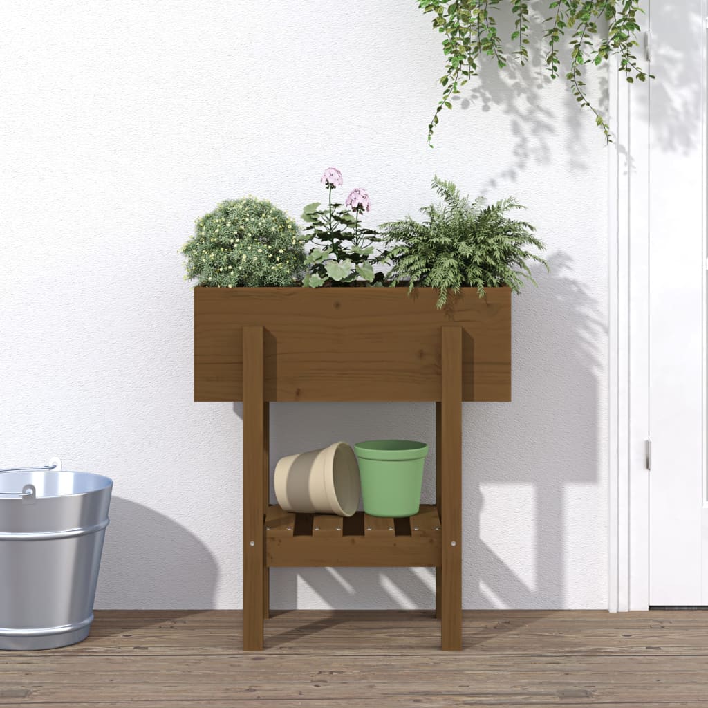 Jardinera con estante de madera maciza de pino 111,5x54x81 cm