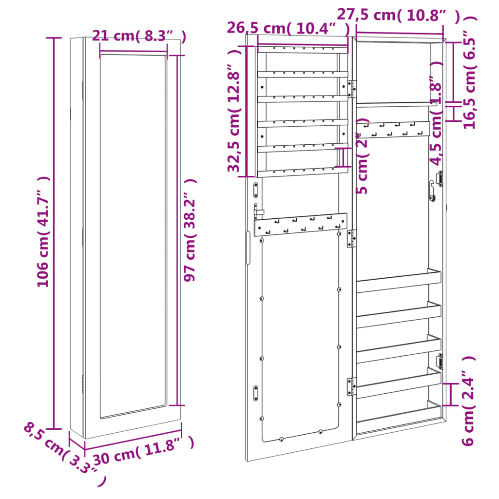 Espejo con joyero de pared 30x8,5x106 cm