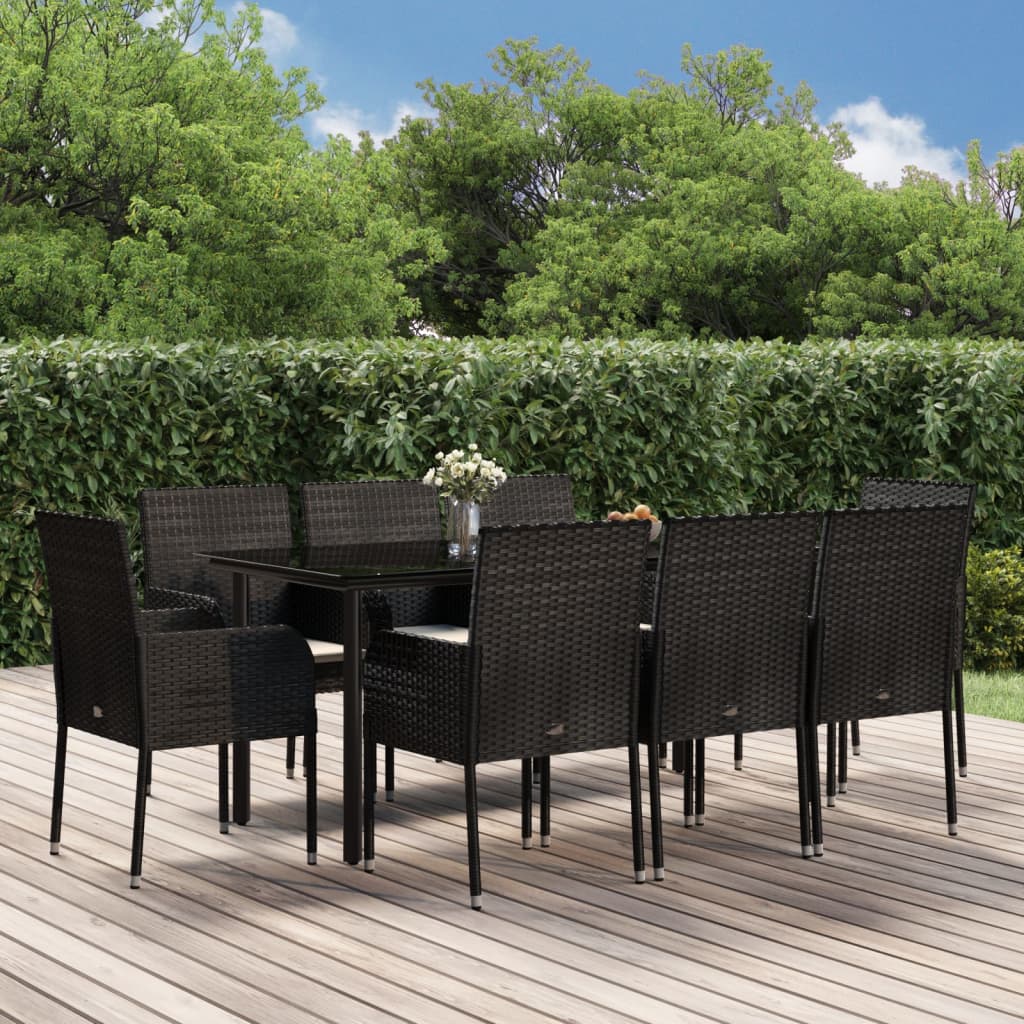 Juego comedor jardín 4 piezas con cojines ratán sintético negro