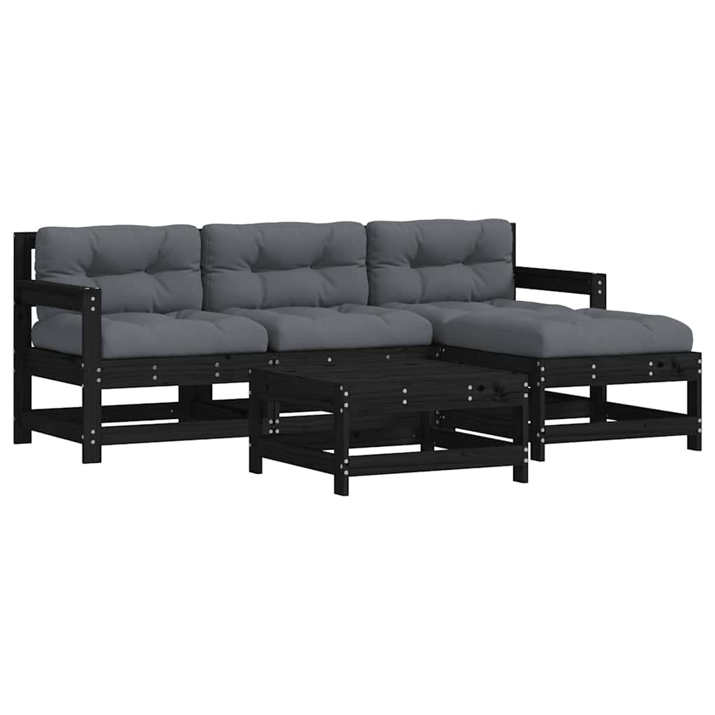 Juego de muebles de jardín 5 pzas y cojines madera maciza negro