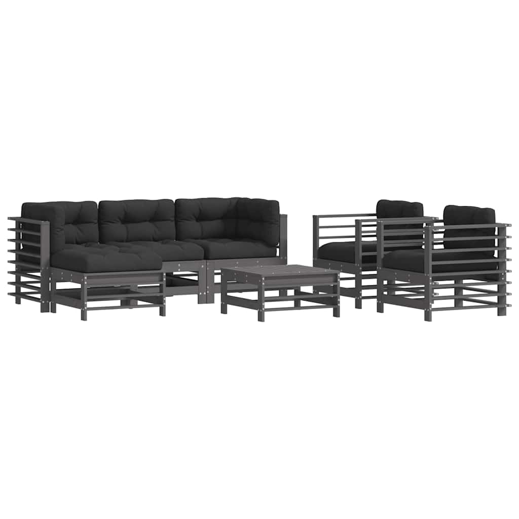 Juego de muebles de jardín 7 pzas y cojines madera maciza gris