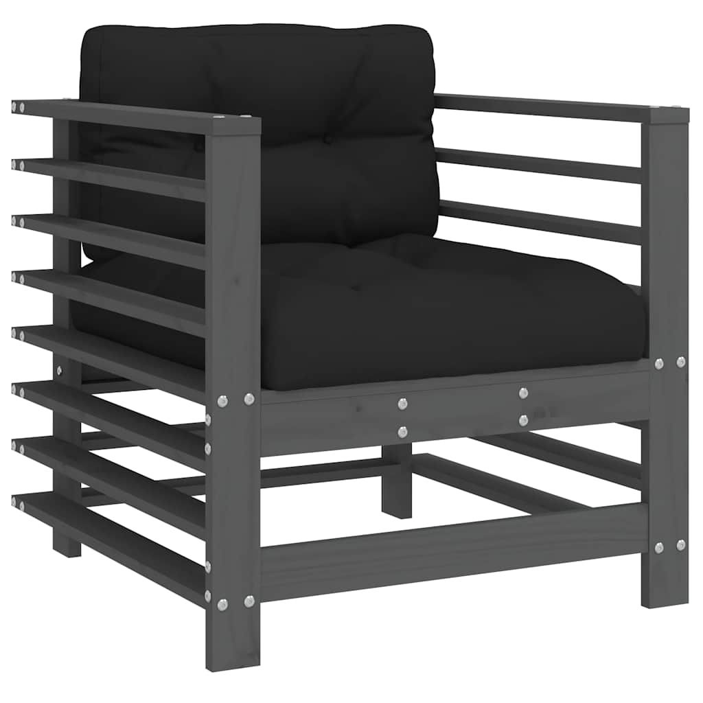 Juego de muebles de jardín 7 pzas y cojines madera maciza gris