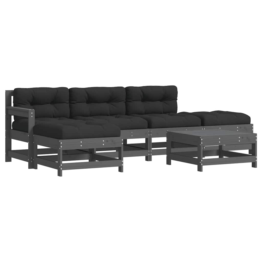 Juego de muebles de jardín 6 pzas y cojines madera maciza gris